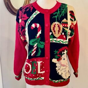 Vintage Tiara Chunky Christmas Cardigan Sweater Red Green Holiday Party S / M